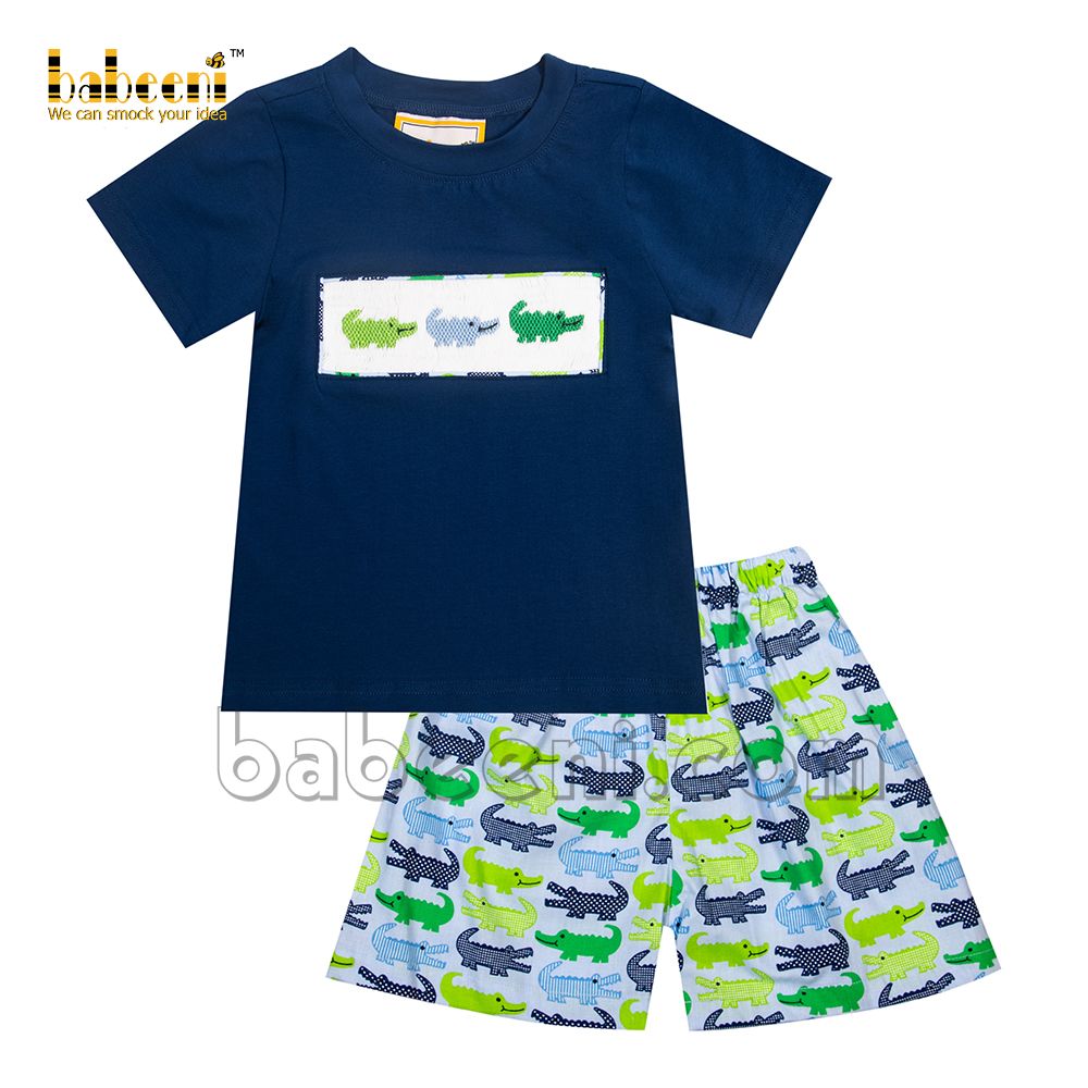 Lovely smocked crocodile boy set navy top printed shorts - BC 921